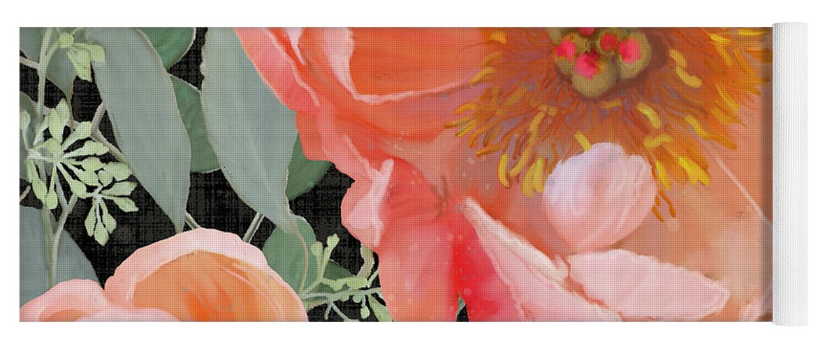 Peach Peony Yoga Mat featuring the painting Bold Peony Seeded Eucalyptus leaves by Audrey Jeanne Roberts