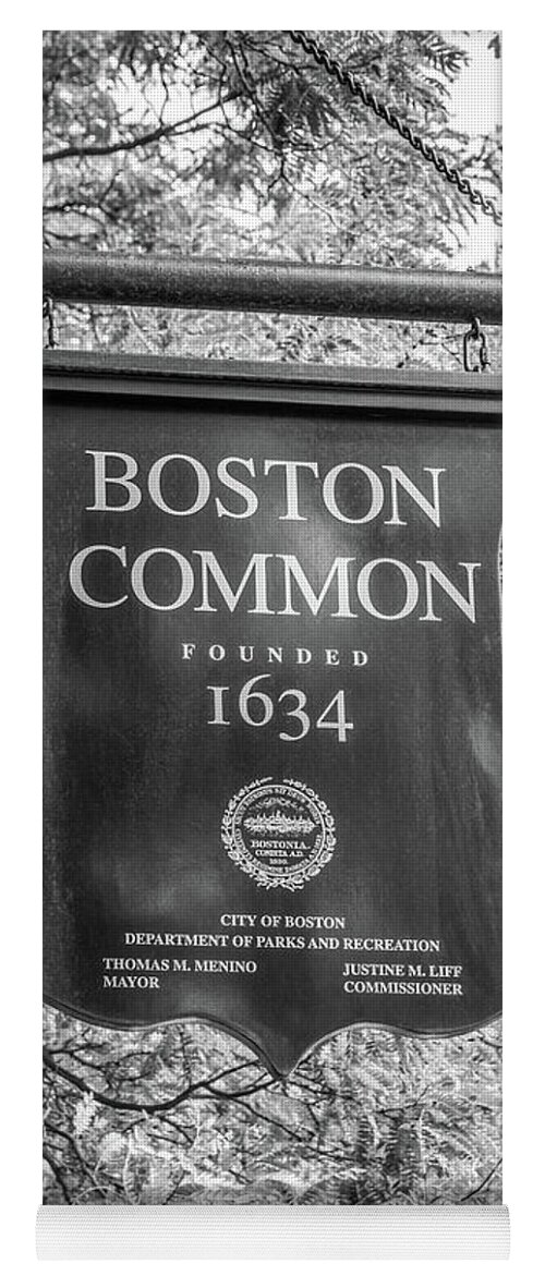 1634 Yoga Mat featuring the photograph Boston Common Sign Black and White Photo by Paul Velgos
