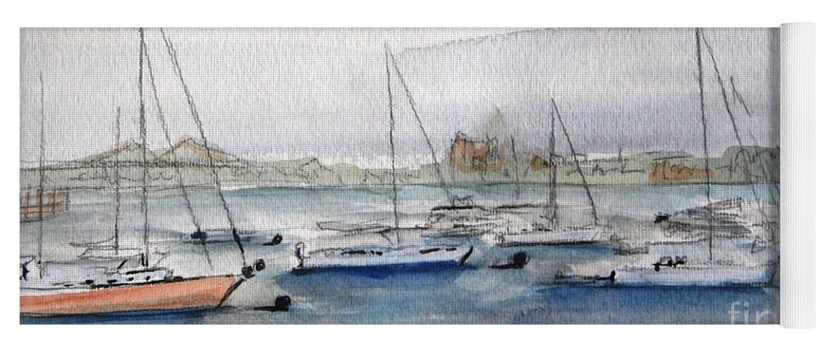 Boats Yoga Mat featuring the painting Boston Harbor by Julie Lueders 
