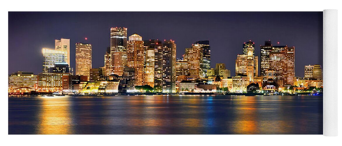 #faatoppicks Yoga Mat featuring the photograph Boston Skyline at NIGHT Panorama by Jon Holiday