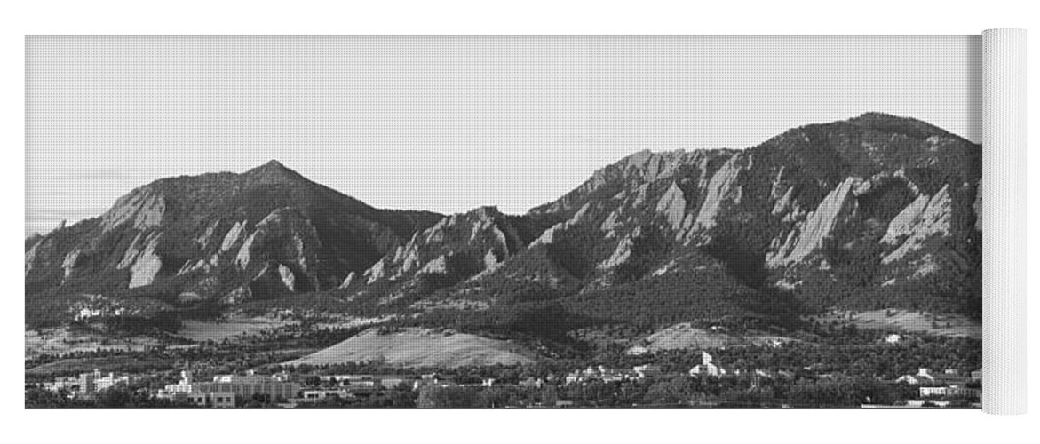 'boulder Photos' Yoga Mat featuring the photograph Boulder Colorado Flatirons and CU Campus Panorama BW by James BO Insogna