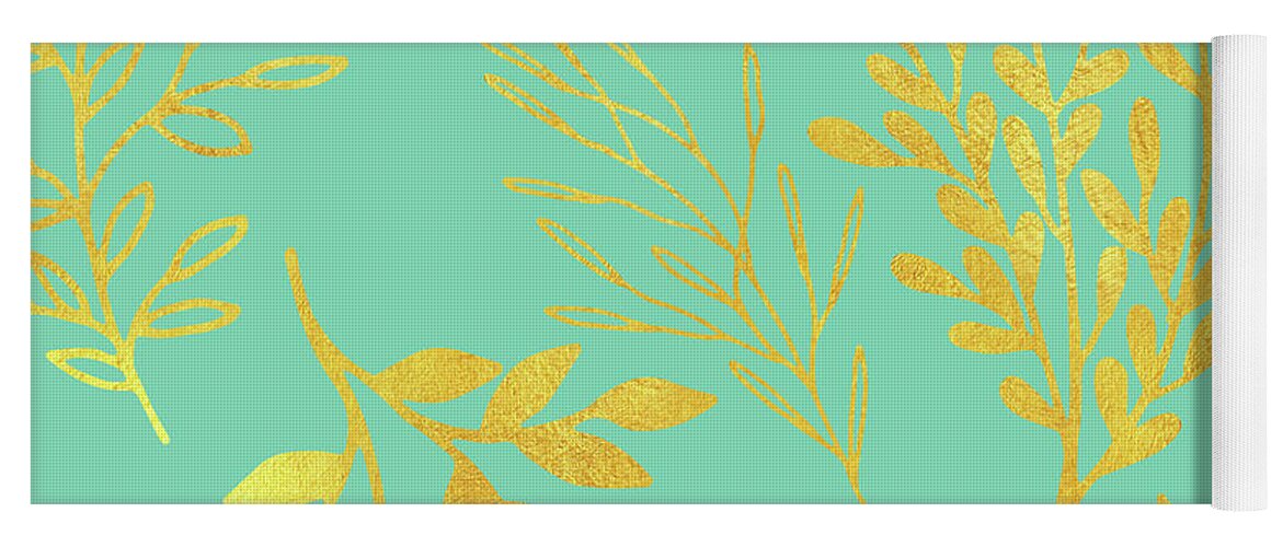 Botanical Leaves Yoga Mat featuring the painting Bright golden Leaves on aquamarine botanical pattern by Tina Lavoie