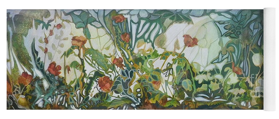 Joan Clear Large Horizontal Painting Of An Imaginary Garden In Green Yoga Mat featuring the painting Bright Illusions by Joan Clear