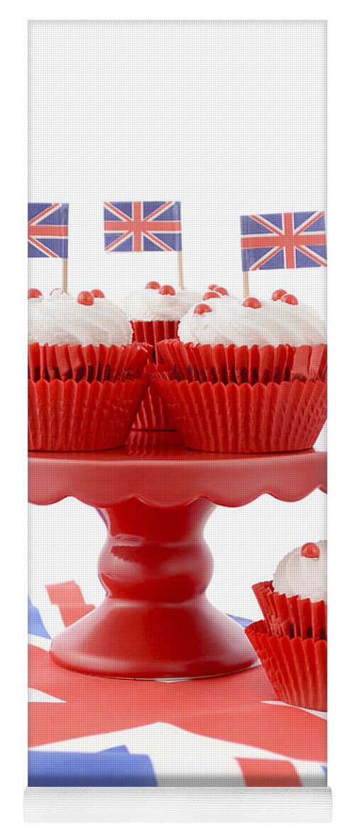 Afternoon Tea Yoga Mat featuring the photograph British Cupcakes with Union Jack Flags by Milleflore Images