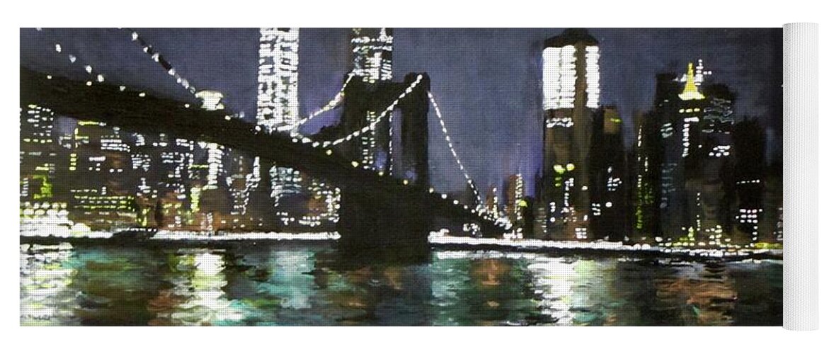 Brooklyn Bridge Yoga Mat featuring the painting Brooklyn Bridge, East River at Night by Jack Skinner
