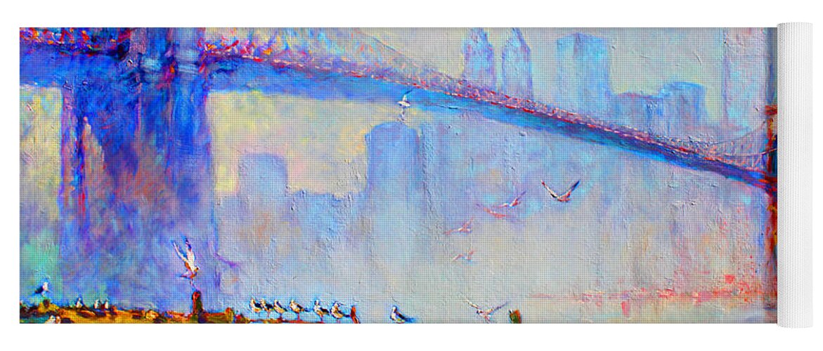 Brooklyn Bridge Yoga Mat featuring the painting Brooklyn Bridge in a Foggy Morning by Ylli Haruni