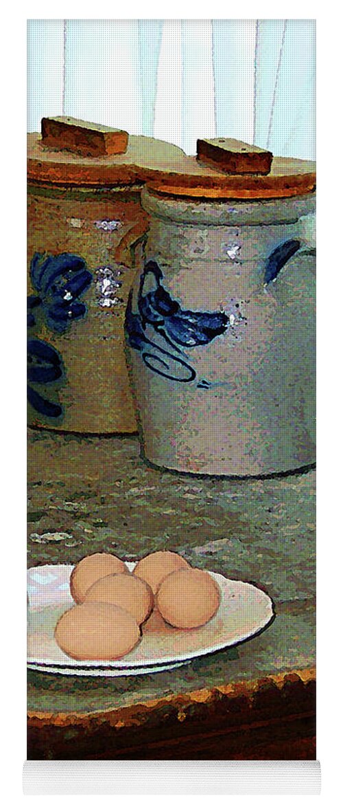 Egg Yoga Mat featuring the photograph Brown Eggs and Ginger Jars by Susan Savad