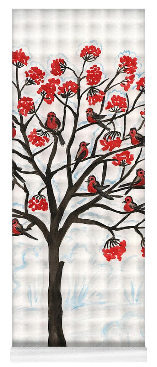 Art Yoga Mat featuring the painting Bullfinches on ash-tree, painting by Irina Afonskaya