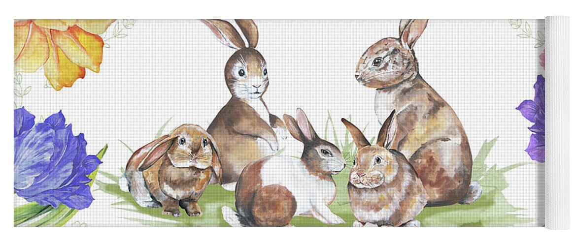Bunny Yoga Mat featuring the painting Bunnies In The Tulips-A by Jean Plout