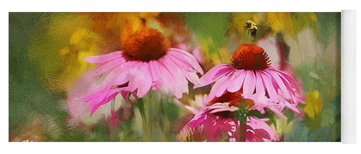 Coneflowers Yoga Mat featuring the mixed media Busy As A Bee by Tina LeCour