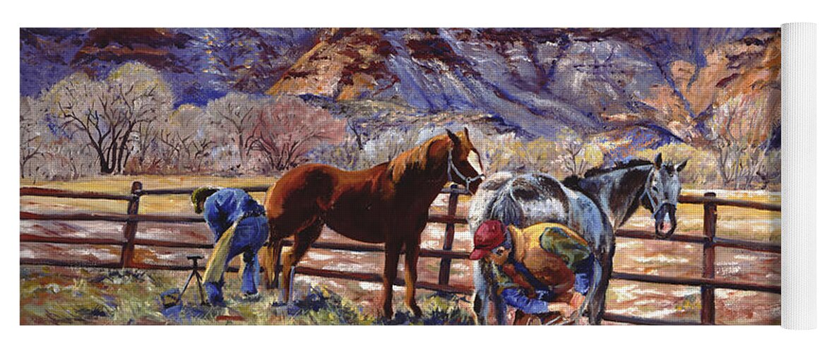 Horse Yoga Mat featuring the painting Butch and Clayton Swapping Shoes and Tales by Page Holland