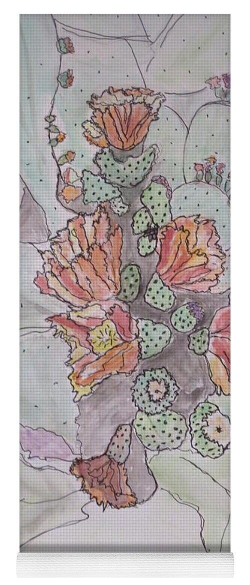 Abstract Desert Cactus Expression Voices Joy Blooms Carmine Yellow Orange Brown Violet Black Green Yoga Mat featuring the mixed media Cactus Voices #1 by Sharyn Winters