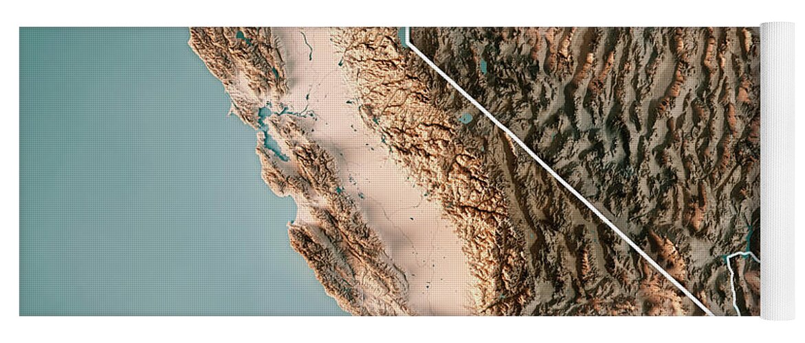 California Yoga Mat featuring the digital art California State USA 3D Render Topographic Map Neutral Border by Frank Ramspott