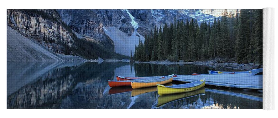 Moraine Lake Yoga Mat featuring the photograph Canoes In Moraine by Adam Jewell