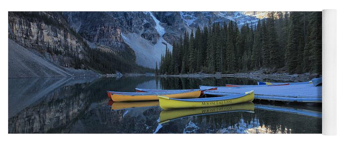 Moraine Lake Yoga Mat featuring the photograph Canoes Under The Peaks by Adam Jewell