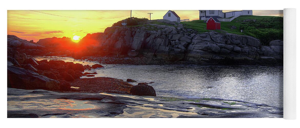 Sunrise Yoga Mat featuring the photograph Cape Neddick Lighthouse Sunrise by Brett Pelletier
