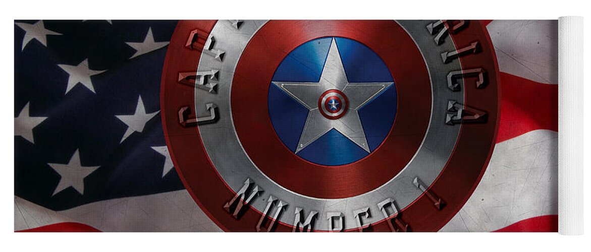 Captain America Shield Yoga Mat featuring the painting Captain America Typography on Captain America Shield by Georgeta Blanaru