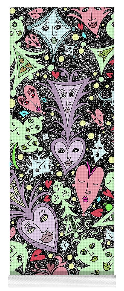This Cartoon Is A Version Of A Black And White Ink Drawing Depicting Playing Cards With Faces. The Earlier Versions Were Meant More For Home Decor Yoga Mat featuring the digital art Card Game Symbols Cartoon by Lise Winne