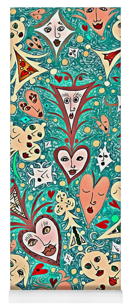 Lise Winne Yoga Mat featuring the digital art Card Game Symbols with Faces in Green by Lise Winne