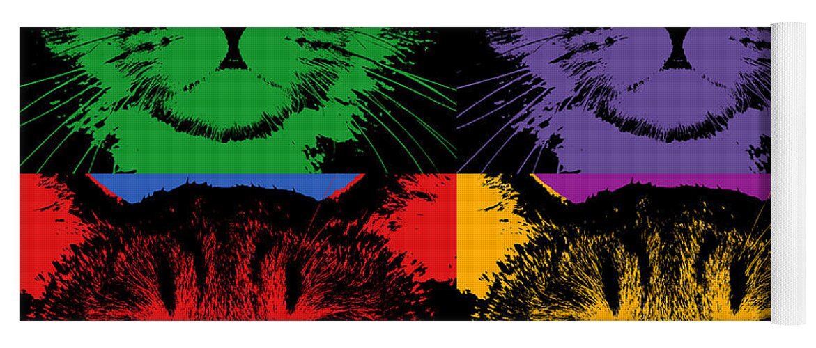 Cat Yoga Mat featuring the digital art Cat 4 panels Warhol style by Jean luc Comperat