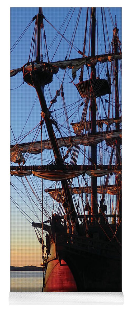 Ship Yoga Mat featuring the digital art Celtic Tall Ship - El Galeon in Halifax Harbour at Sunrise by Celtic Artist Angela Dawn MacKay