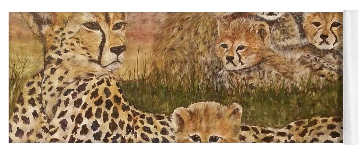 Watercolor Yoga Mat featuring the painting Cheetah Family Portrait by Cheryl Wallace
