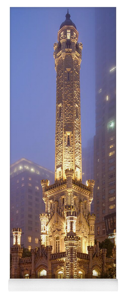 Windy Yoga Mat featuring the photograph Chicago Historic Water Tower On Michigan Avenue Foggy Twilight - Chicago Illinois by Silvio Ligutti