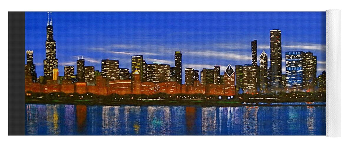  Night Painting Yoga Mat featuring the painting Chicago Skyline--Nocturnal Glow by J Loren Reedy