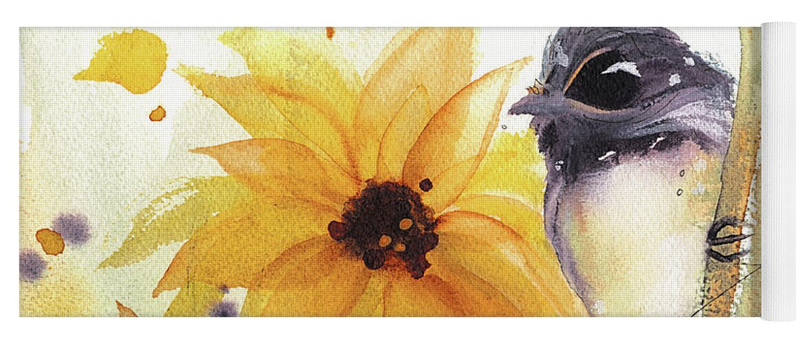 Watercolor Yoga Mat featuring the painting Chickadee and Sunflowers by Dawn Derman