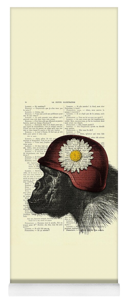 Chimp Yoga Mat featuring the mixed media Chimpanzee with helmet daisy flower dictionary art by Madame Memento
