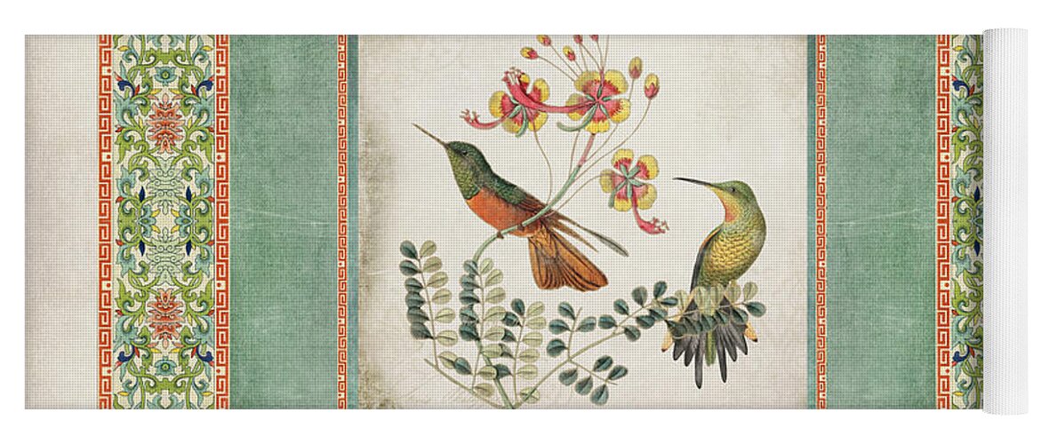Chinese Ornamental Paper Yoga Mat featuring the digital art Chinoiserie Vintage Hummingbirds n Flowers 1 by Audrey Jeanne Roberts