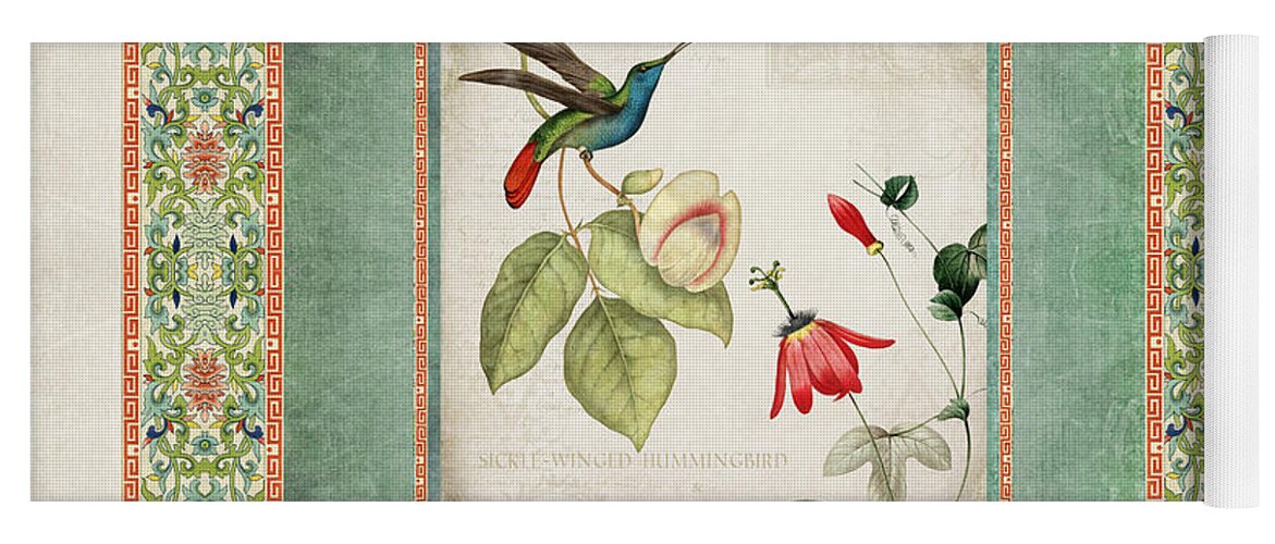 Chinese Ornamental Paper Yoga Mat featuring the digital art Chinoiserie Vintage Hummingbirds n Flowers 2 by Audrey Jeanne Roberts