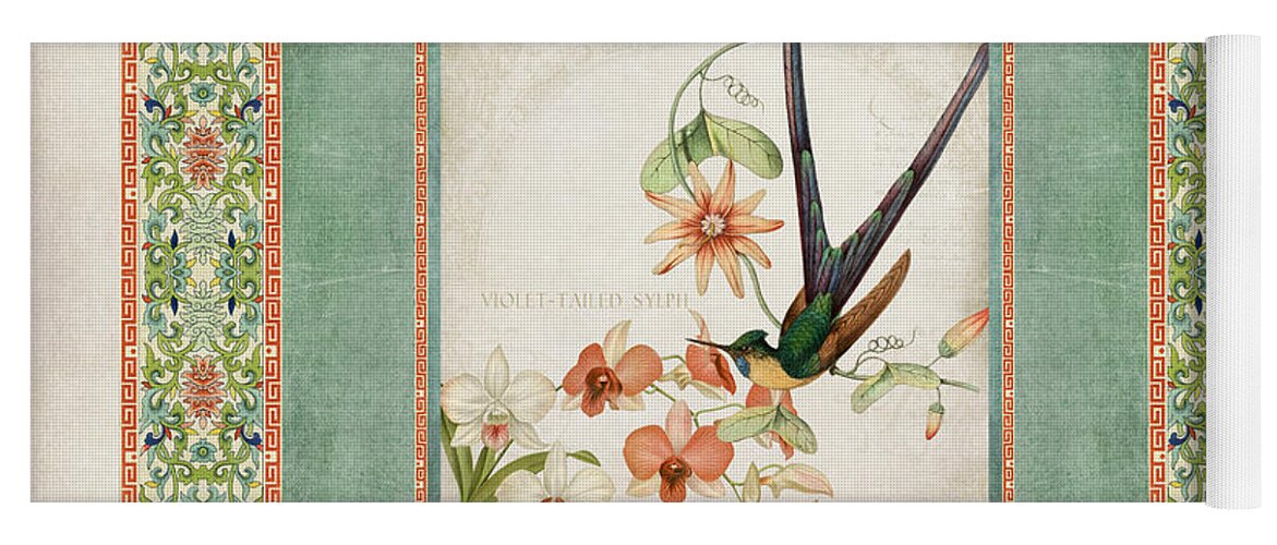 Chinese Ornamental Paper Yoga Mat featuring the digital art Chinoiserie Vintage Hummingbirds n Flowers 3 by Audrey Jeanne Roberts