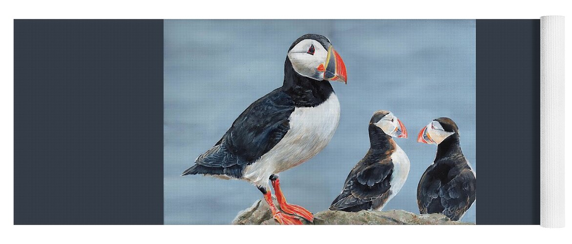 Puffin Yoga Mat featuring the painting Clowns of the Sea. by John Neeve