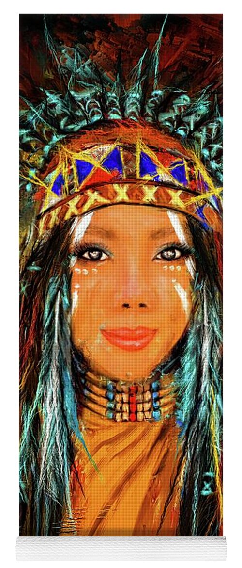 Native American Yoga Mat featuring the painting Colorful Native American Woman by Lourry Legarde