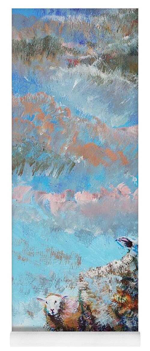 Sheep Yoga Mat featuring the painting Colorful Sheep and Sky Art - Narrow Painting by Mike Jory