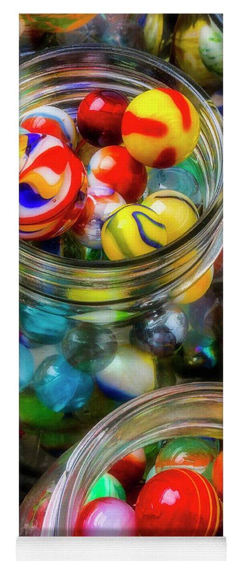 Jar Yoga Mat featuring the photograph Colorful Toy Marbles by Garry Gay