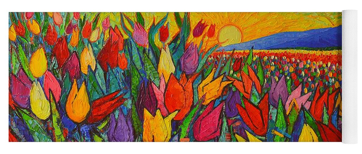 Tulip Yoga Mat featuring the painting Colorful Tulips Field Sunrise - Abstract Impressionist Palette Knife Painting By Ana Maria Edulescu by Ana Maria Edulescu