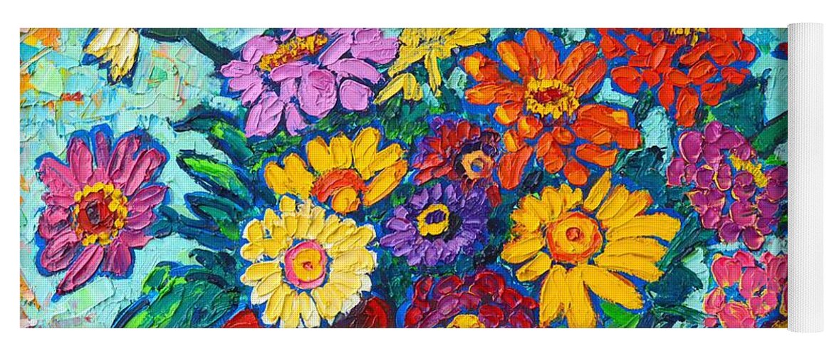 Flowers Yoga Mat featuring the painting Colorful Zinnias Bouquet Closeup by Ana Maria Edulescu