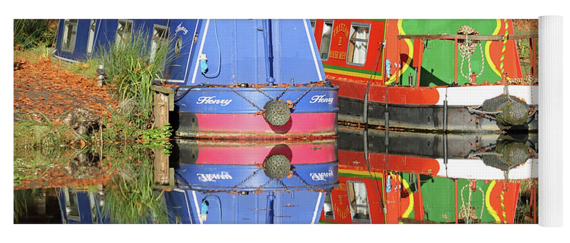 Colourful Canal Boats Barge Wey Canal Surrey Reflections Yoga Mat featuring the photograph Colourful Canal Boats by Julia Gavin