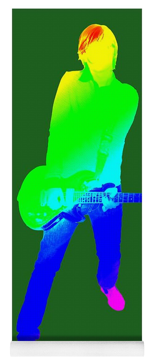 Green Yoga Mat featuring the digital art colourful guitar player. Music is my passion by Ilan Rosen