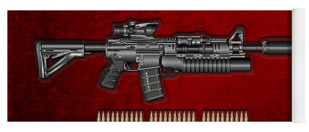'the Armory' Collection By Serge Averbukh Yoga Mat featuring the digital art Colt M 4 A 1  S O P M O D Carbine with 5.56 N A T O Rounds on Red Velvet by Serge Averbukh