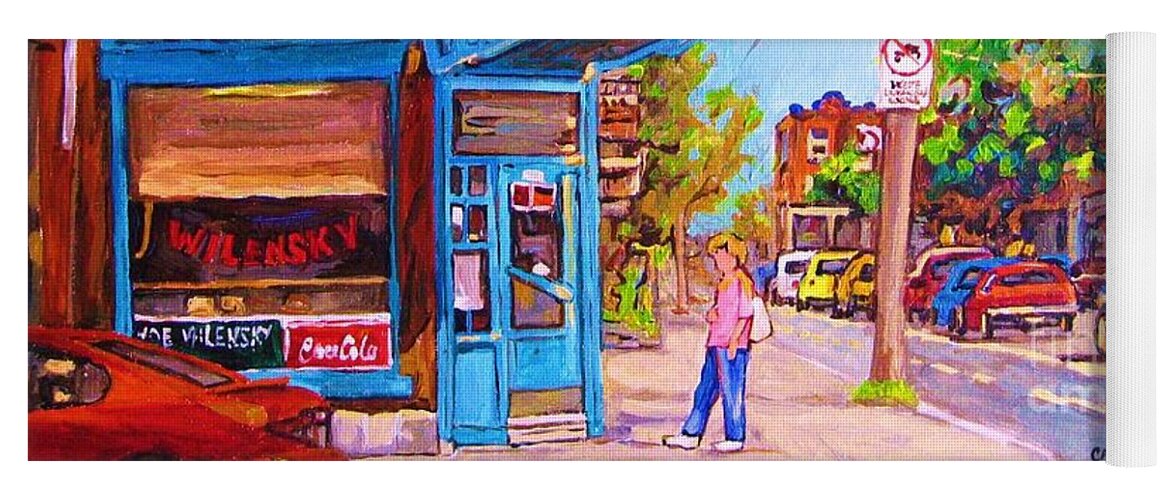 Wilenskys Corner Fairmount And Clark Yoga Mat featuring the painting Corner Deli Lunch Counter by Carole Spandau