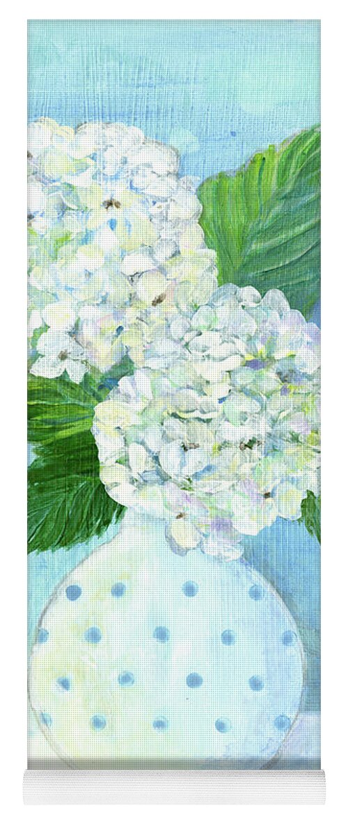 White Hydrangeas Yoga Mat featuring the painting Cottage at the Shore 2 White Hydrangea Bouquet w Sea Glass and Starfish by Audrey Jeanne Roberts