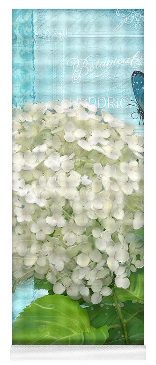 White Hydrangea Yoga Mat featuring the painting Cottage Garden White Hydrangea with Blue Butterfly by Audrey Jeanne Roberts