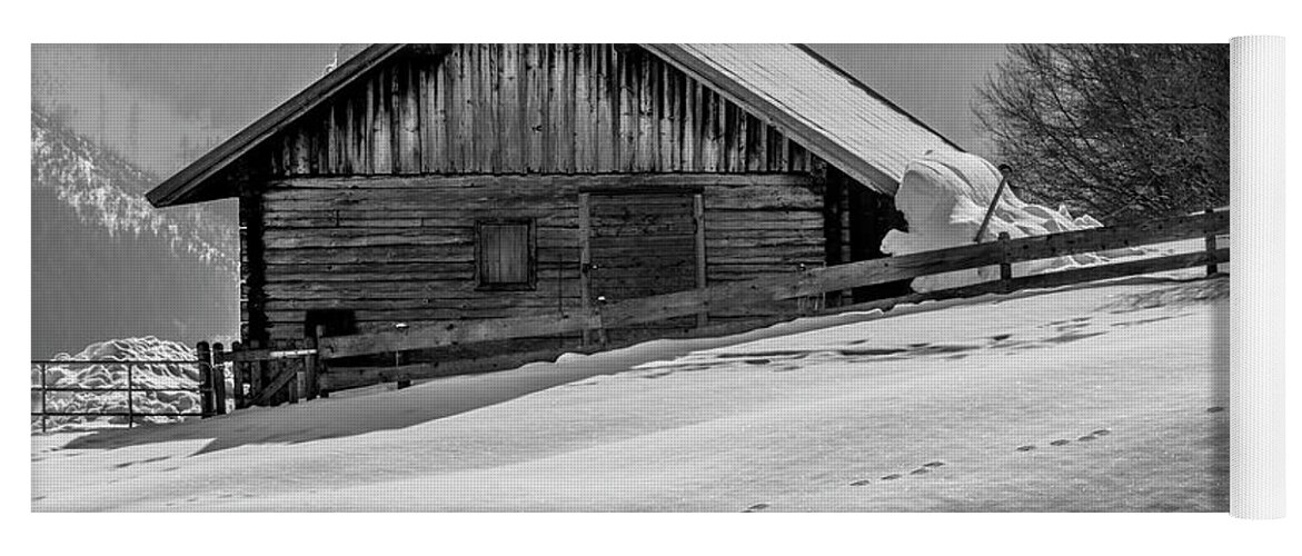 Black And White Photography Yoga Mat featuring the photograph Cottage in winter by Wolfgang Stocker