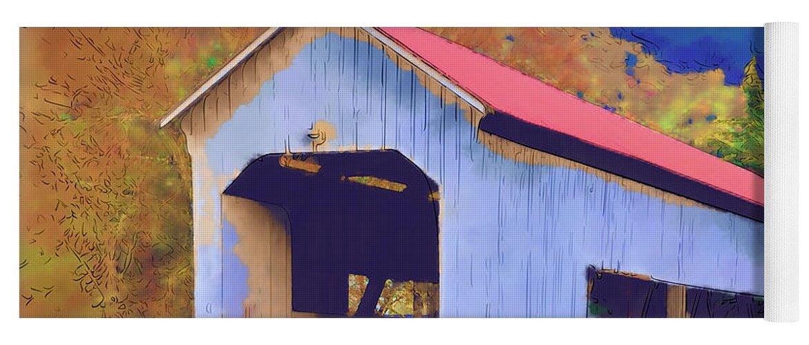 Covered Bridge Yoga Mat featuring the digital art Covered Bridge With Red Roof by Kirt Tisdale