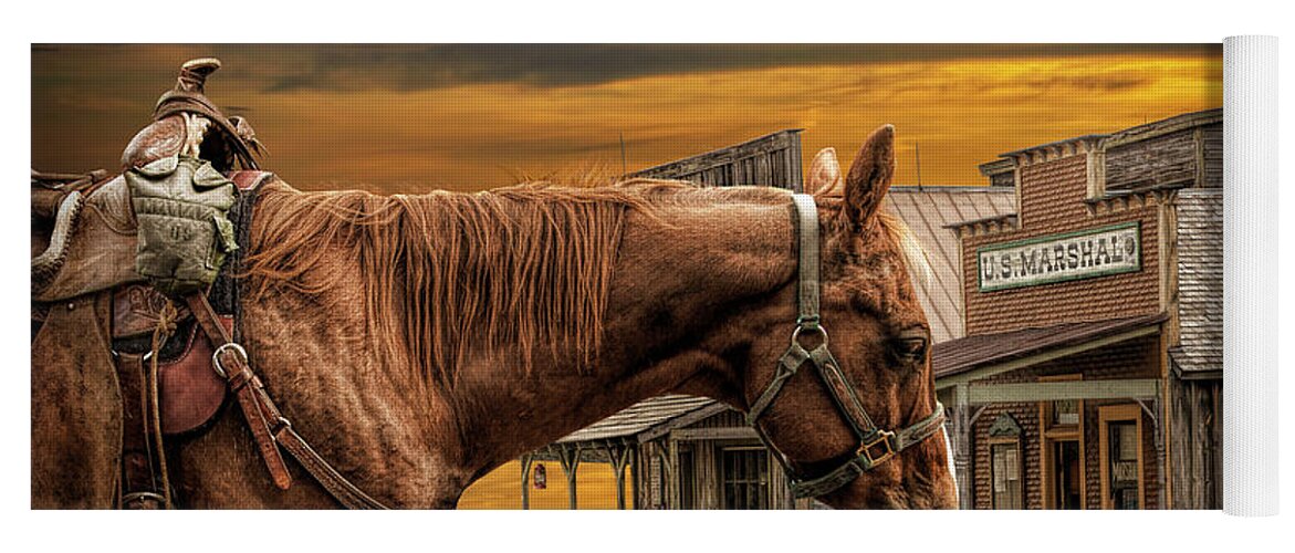 Saddle Yoga Mat featuring the photograph Cowboy Saddle Horse in front of the Marshall's Office by Randall Nyhof