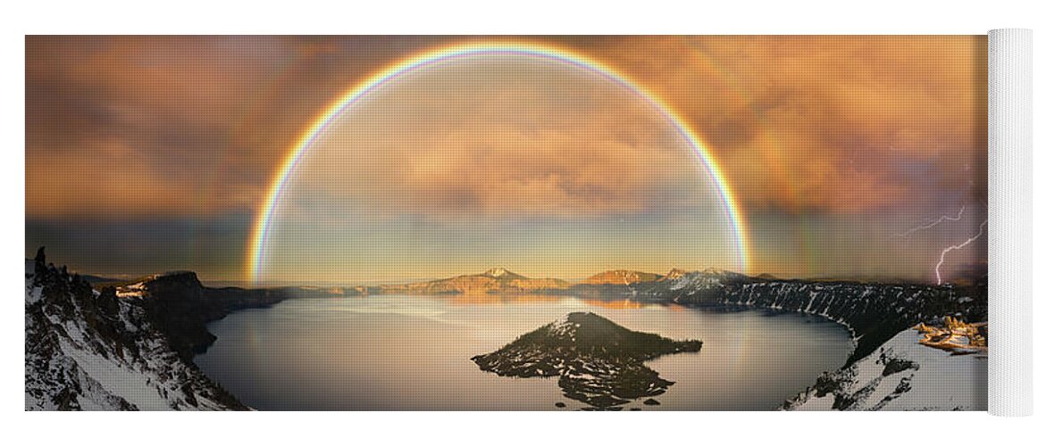 Crater Yoga Mat featuring the photograph Crater lake with double rainbow and lightning bolt by William Lee