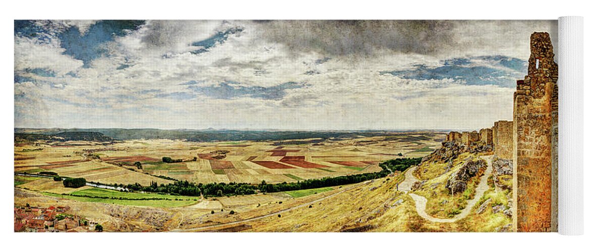 Castler Yoga Mat featuring the photograph Crop Fields and Village beneath the Castle - Vintage Version by Weston Westmoreland